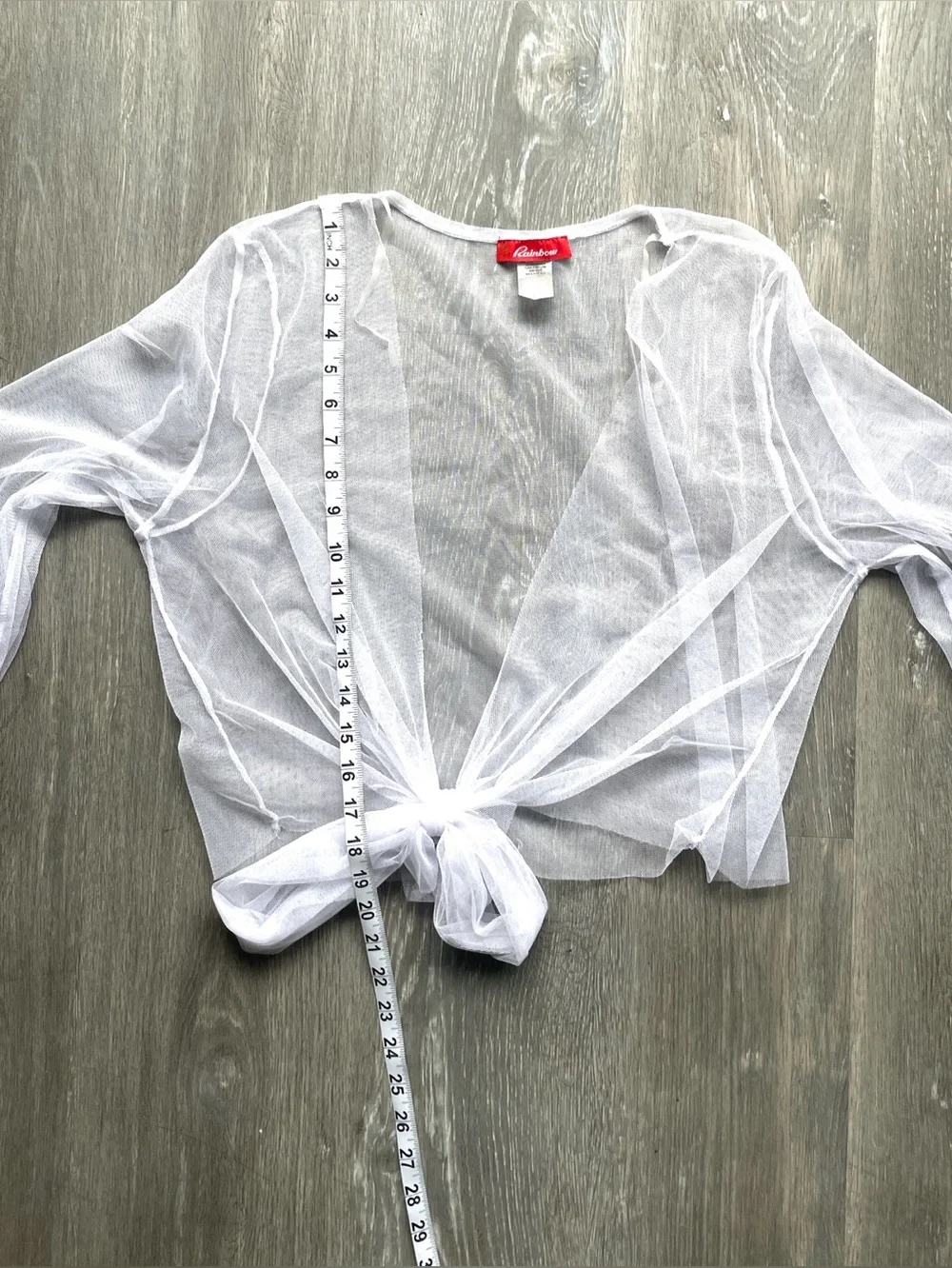 Rainbow White Sheer Mesh Tie Front Bell Sleeve Cover-Up Top XL Y2K Fairycore